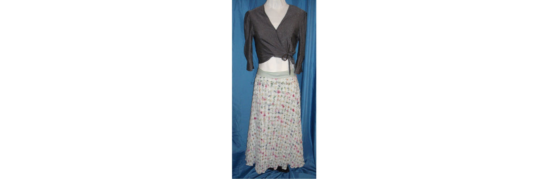 Silver crossover bolero with floral crepe full circle skirt