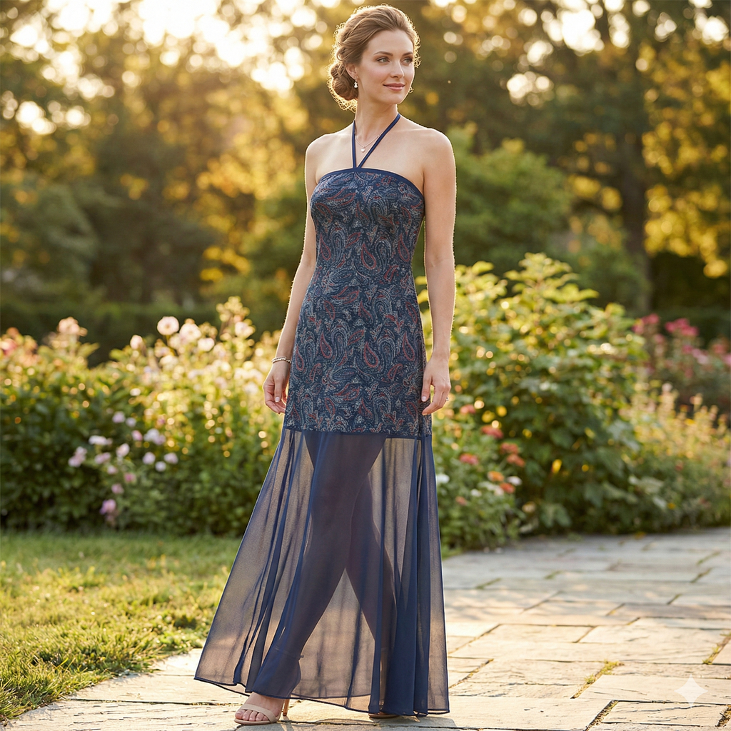 Mesh Paisley Halterneck Maxi Dress