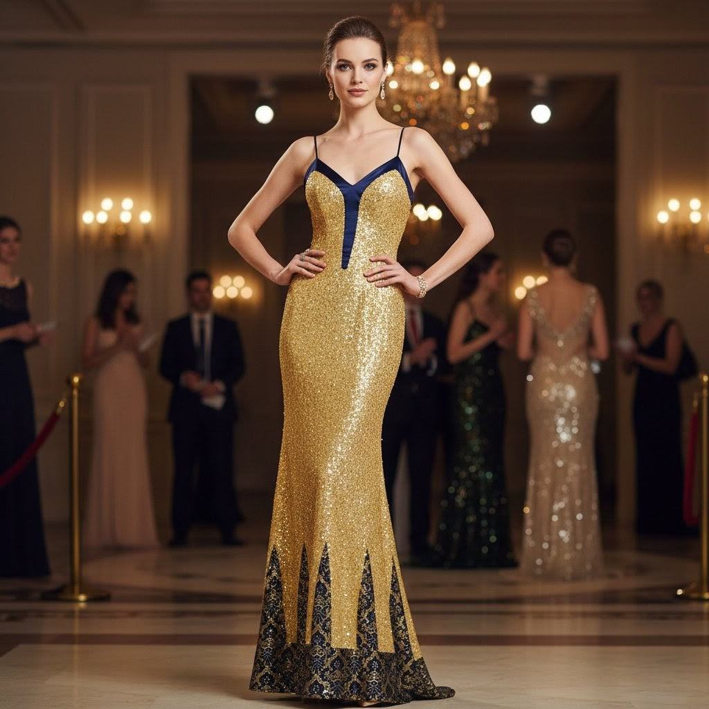 Gold sequin and jacquard Lauren Dress