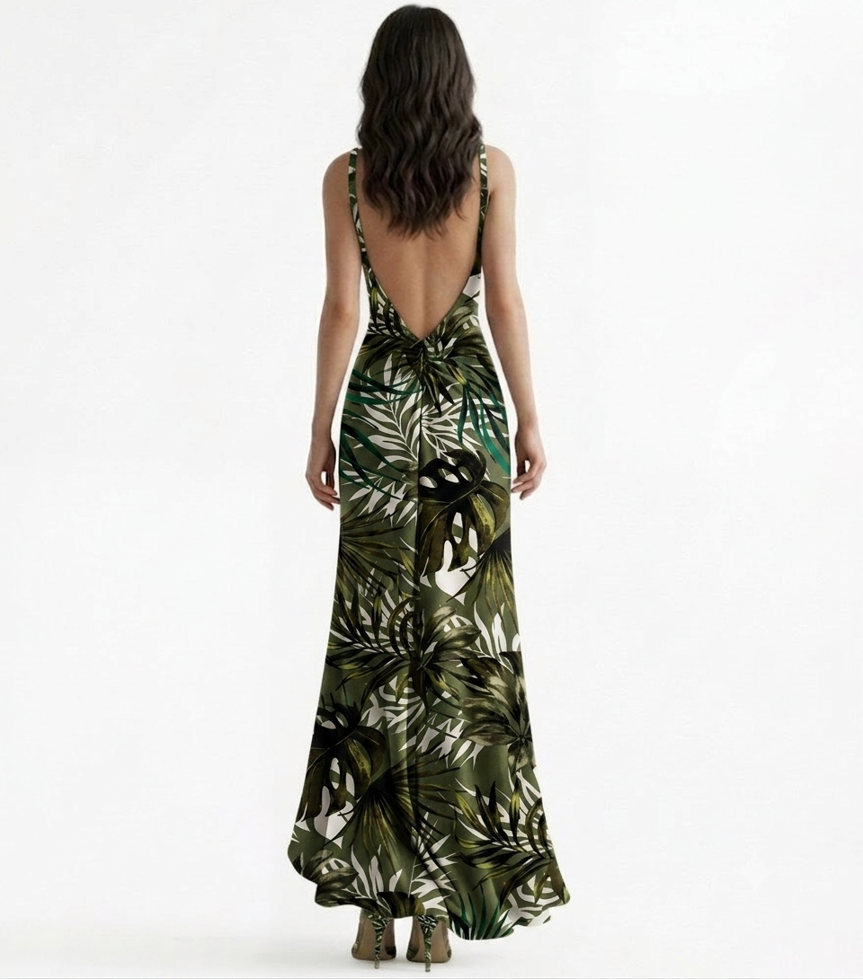 Reversible Backless Jersey Dress Khaki/Print