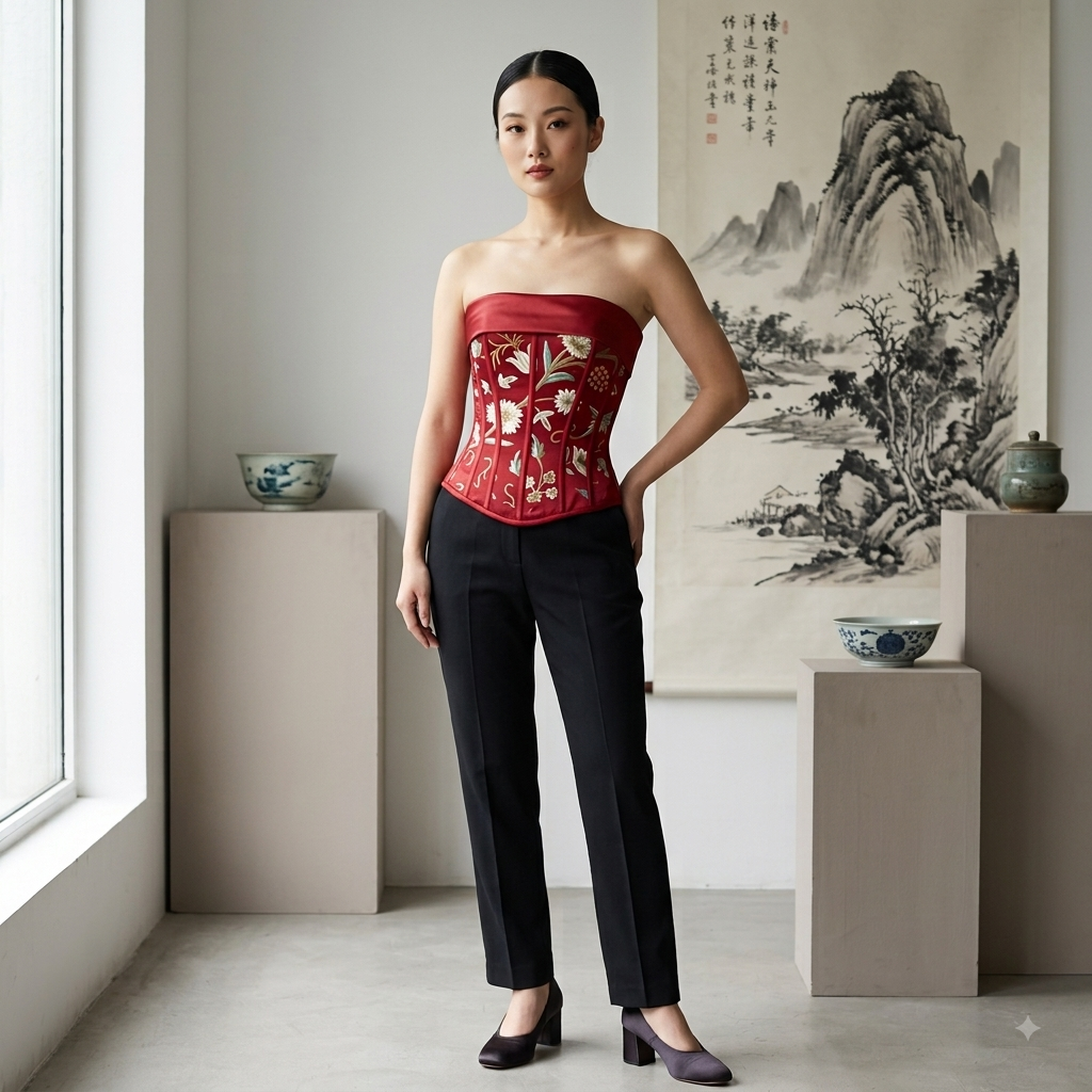 Red Chinese Silk Brocade Corset