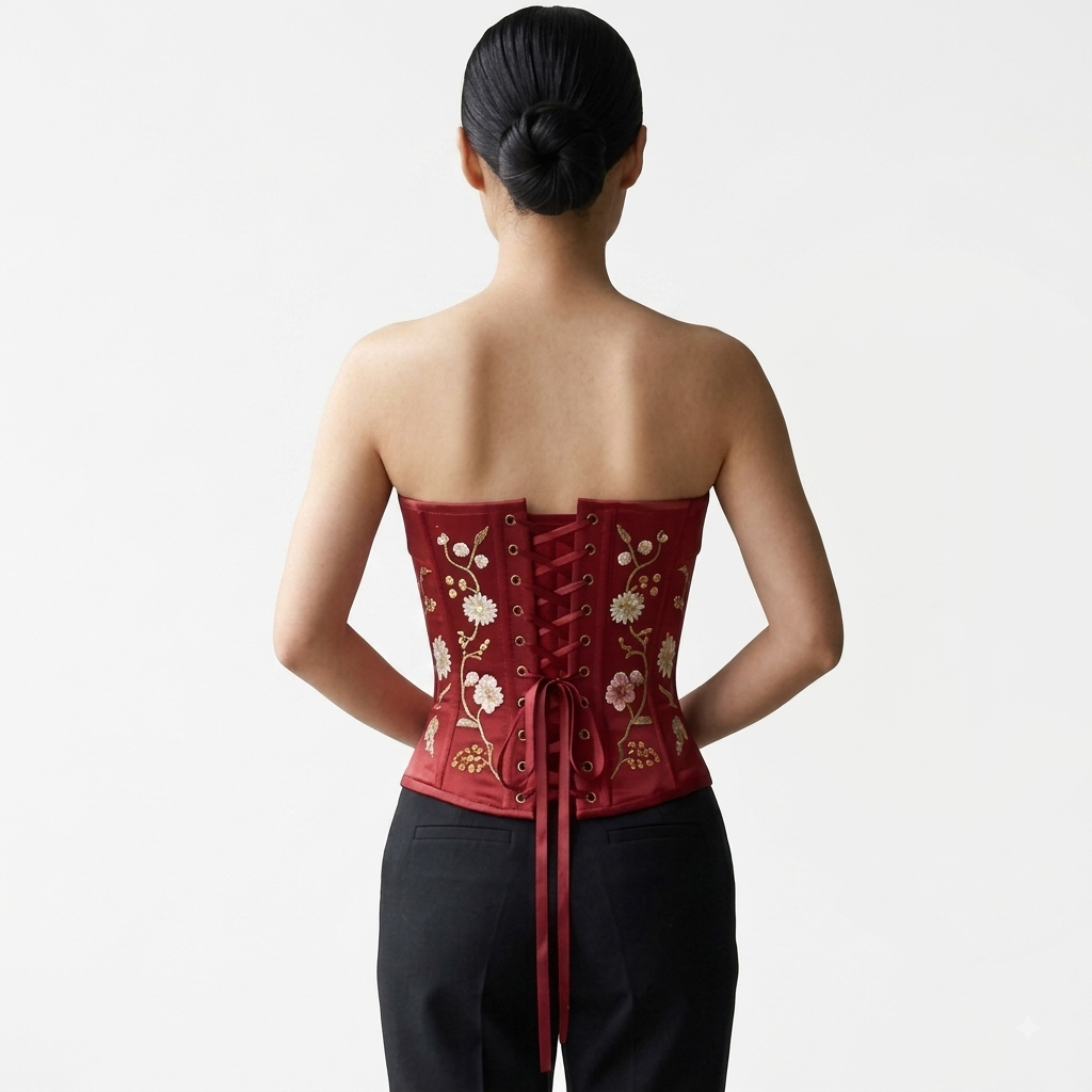 Red Chinese Silk Brocade Corset