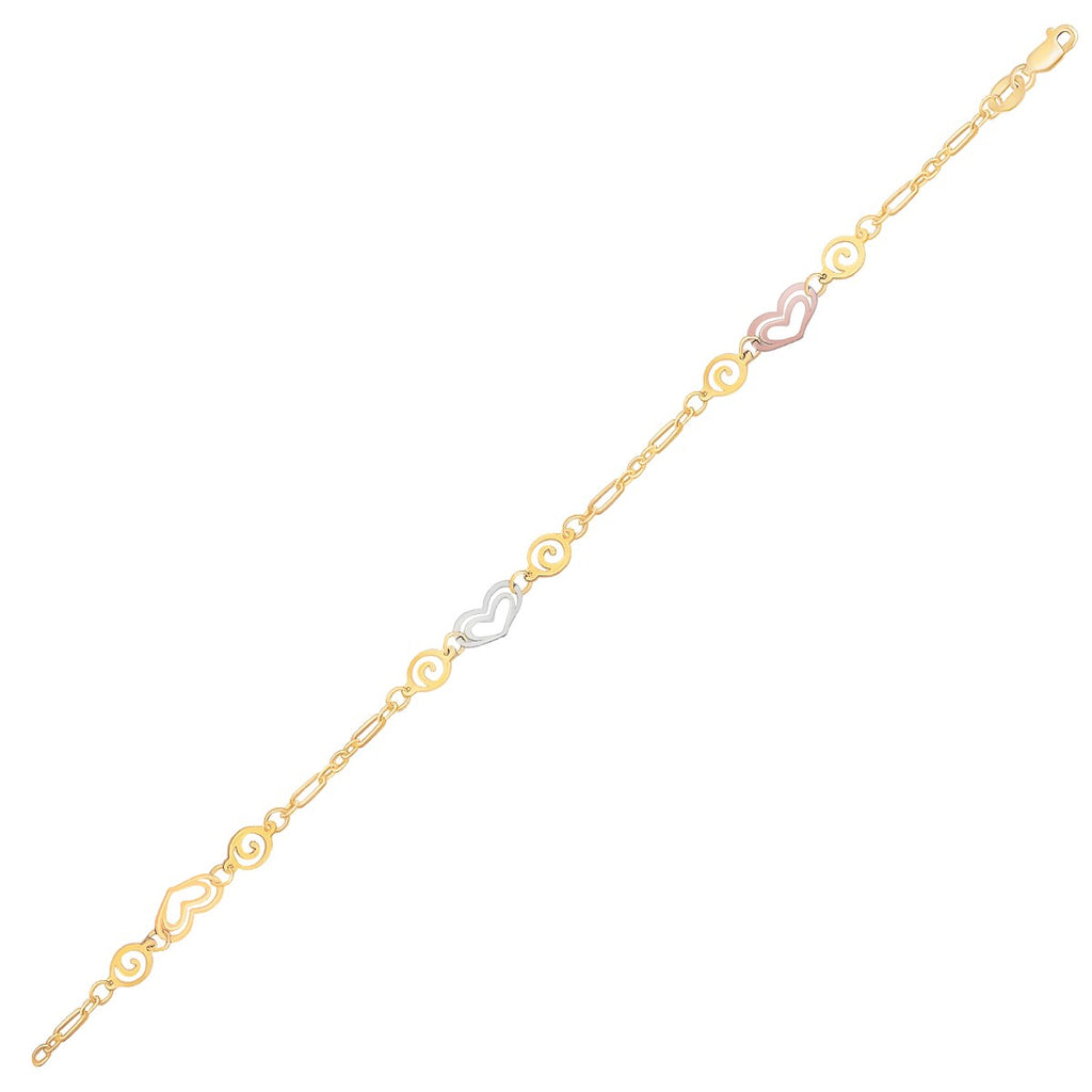 14k Tri-Color Gold Anklet with Multi Color Heart Stations 10"