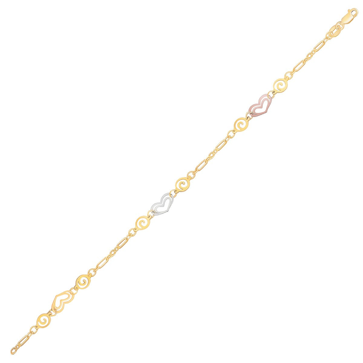 14k Tri-Color Gold Anklet with Multi Color Heart Stations 10"