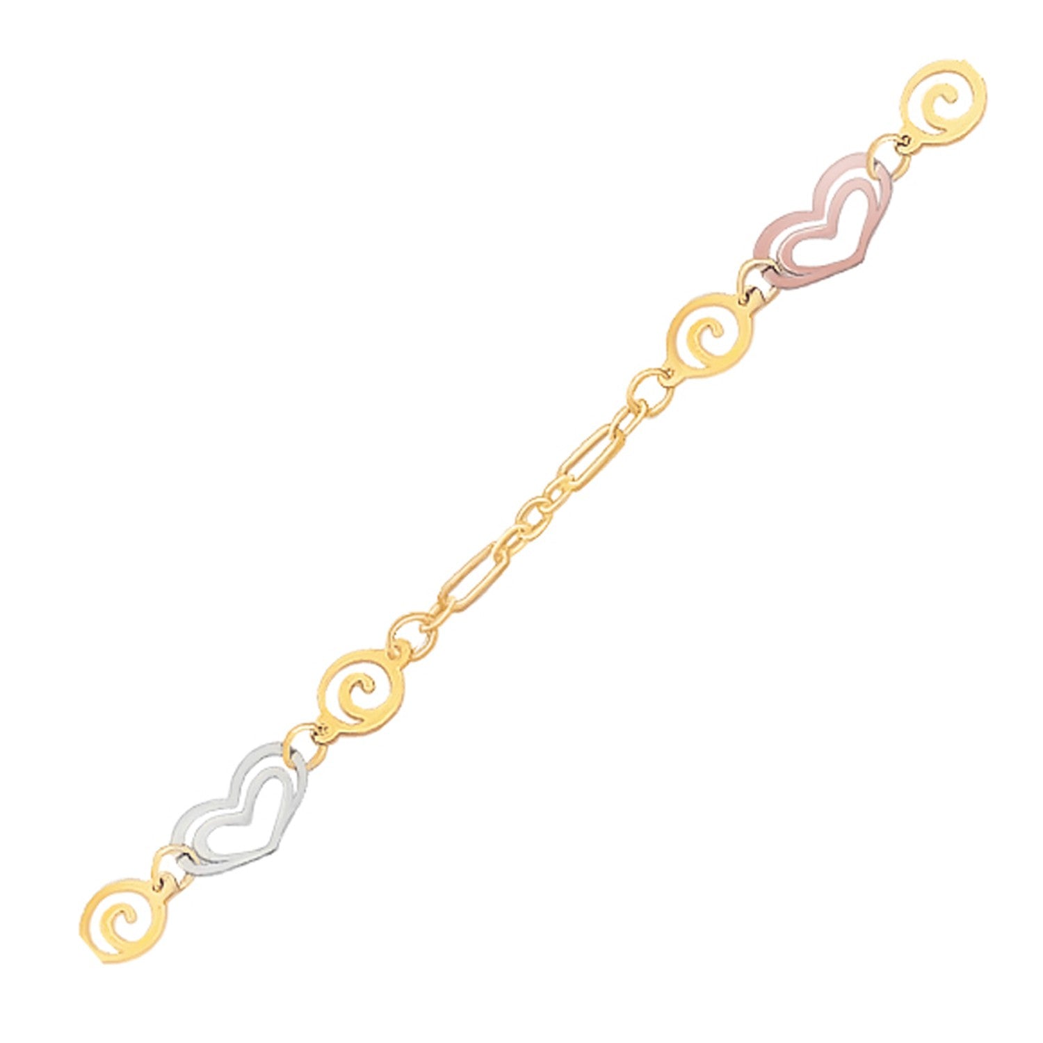 14k Tri-Color Gold Anklet with Multi Color Heart Stations 10"