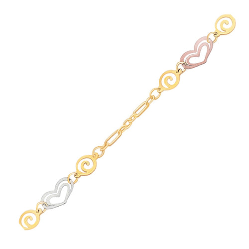 14k Tri-Color Gold Anklet with Multi Color Heart Stations 10"