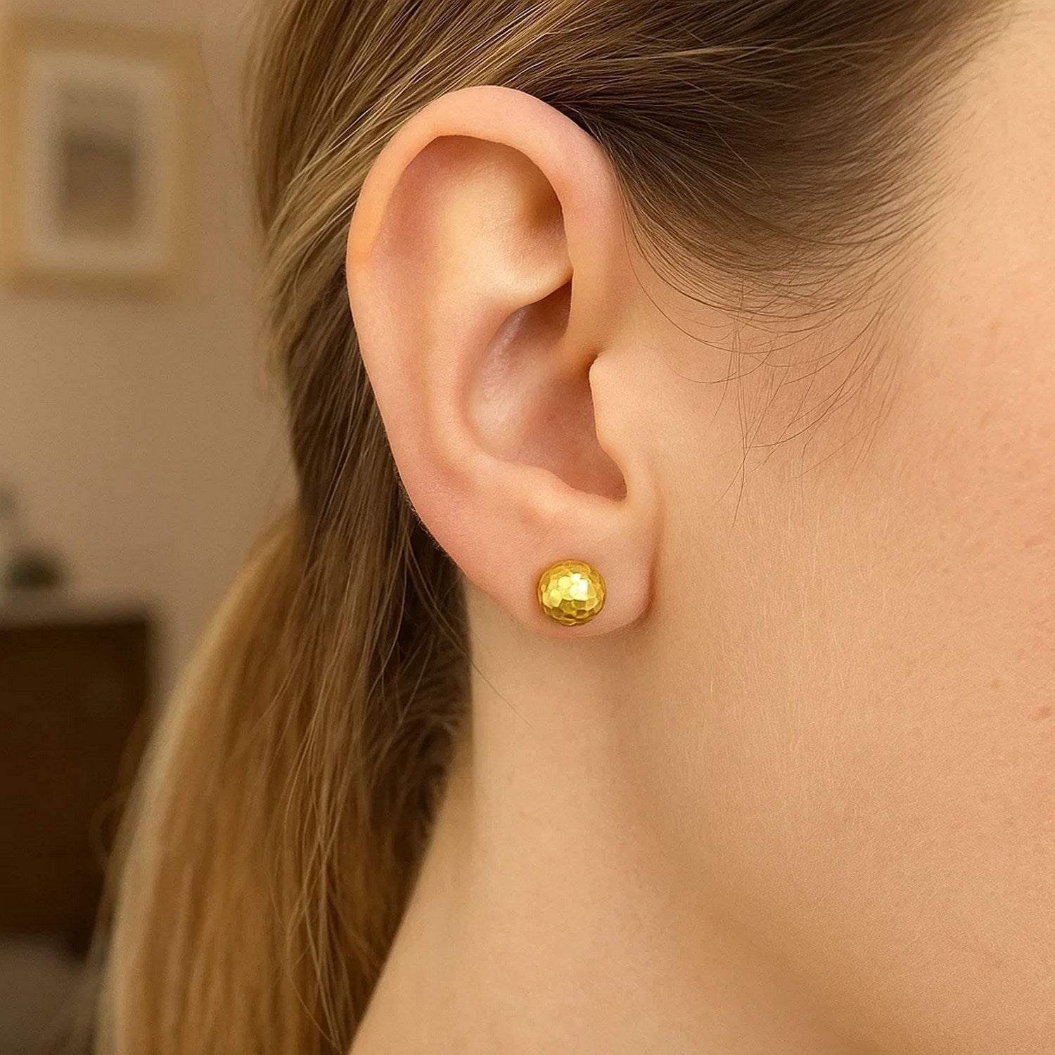 14k Yellow Gold Ball Earrings with Faceted Texture(7mm)