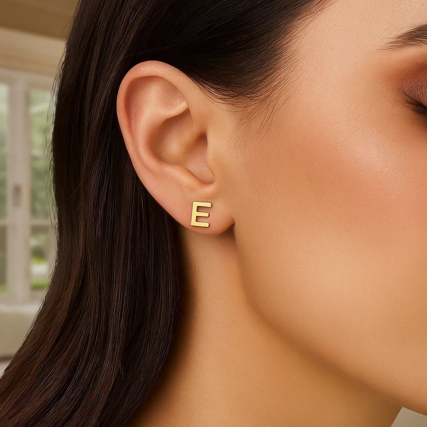 14K Yellow Gold Yours Truly Initial E Stud Earrings