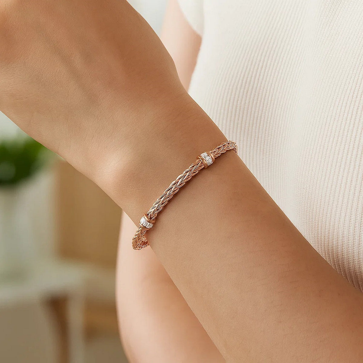 Polished Woven Rope Bracelet with Diamond Accents in 14k Rose Gold