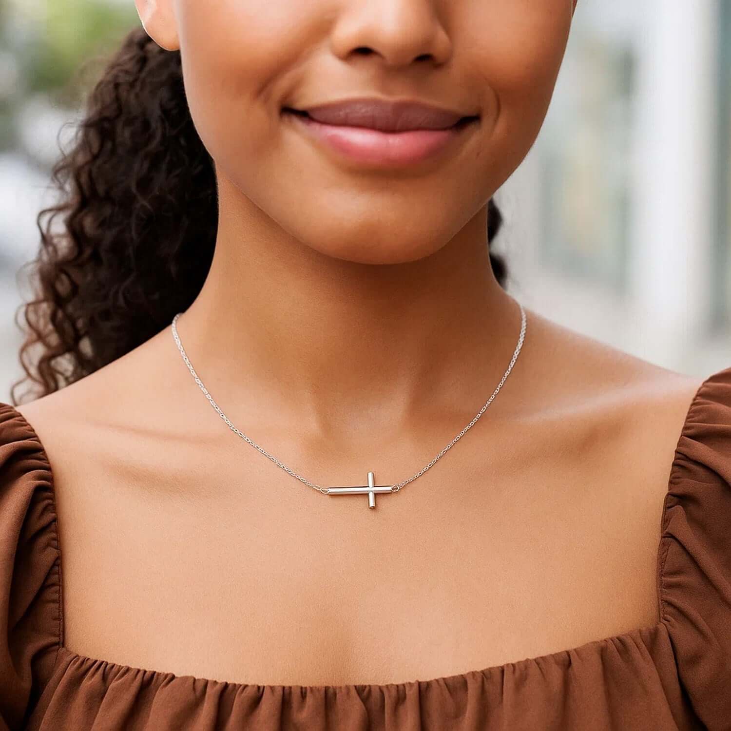 White Gold Sideways Cross Necklace