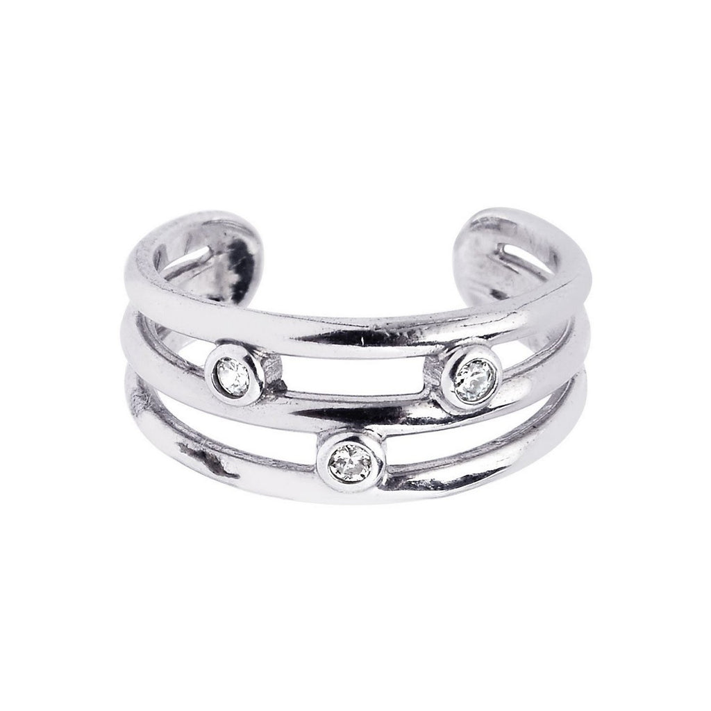 Sterling Silver Rhodium Plated Triple Line Open Motif Cubic Zirconia Toe Ring