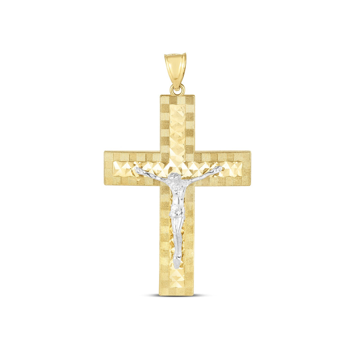 14k Two Tone Gold High Polish Diamond Cut Pave Cross Pendant