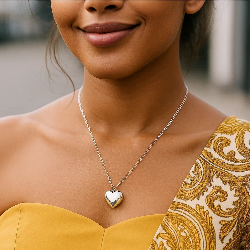 Sterling Silver Rhodium Plated Puffed Heart Pendant