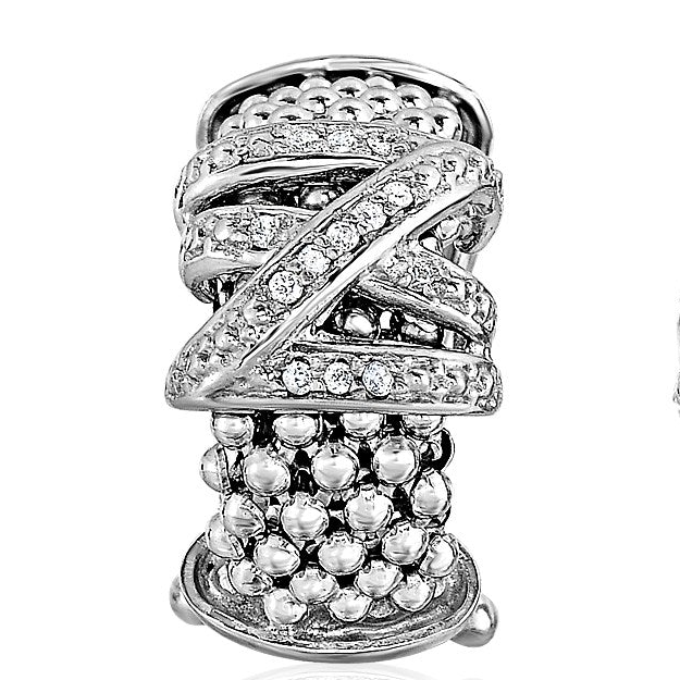 Popcorn Texture Earrings with Crossover Motif and Diamonds in Sterling Silver
