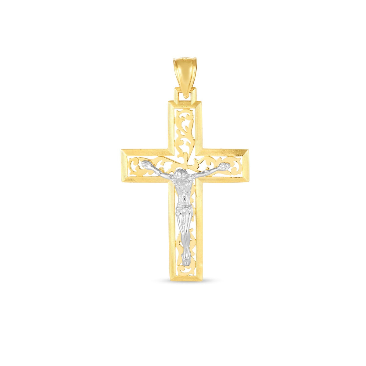 14k Two Tone Gold High Polish Diamond Cut Fancy Cross Pendant