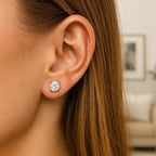 14k White Gold Stud Earrings with White Hue Faceted Cubic Zirconia(6mm)