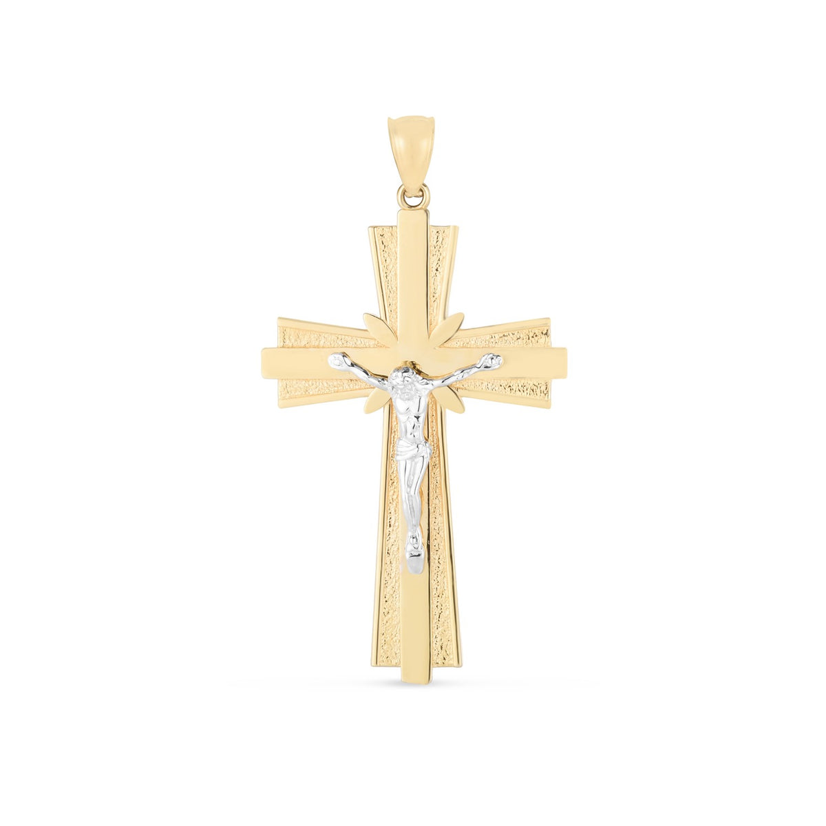 14k Two Tone Gold High Polish Diamond Cut Bevel Cross Pendant