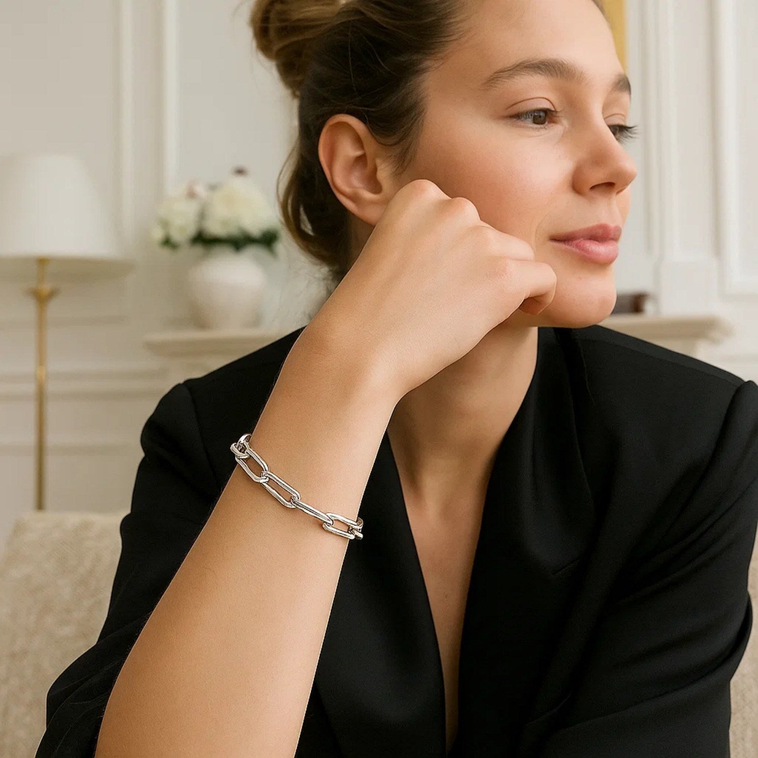 White Gold Extra Wide Paperclip Chain Bracelet 7.5"