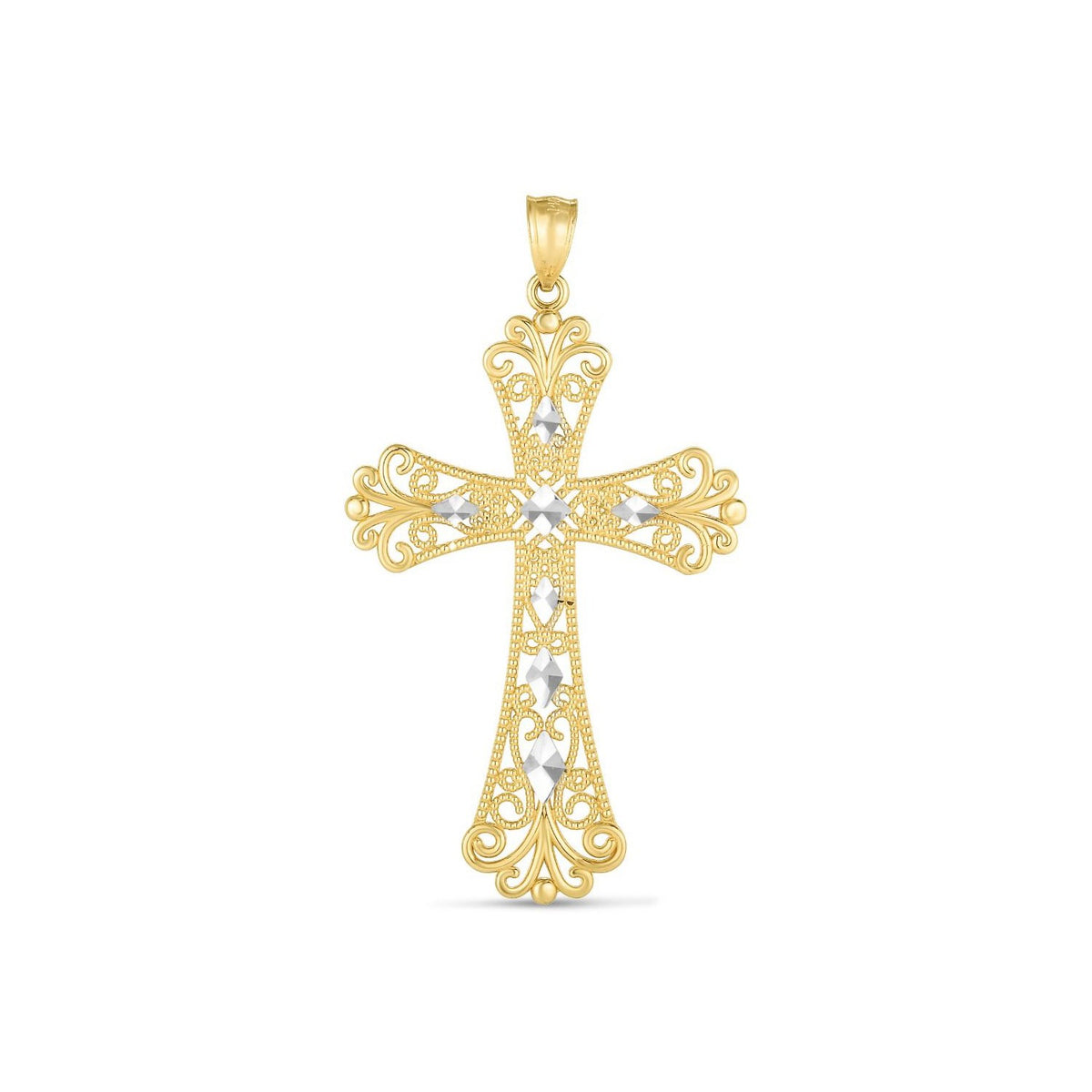 14k Two Tone Gold High Polish Diamond Cut Filigree Cross Pendant