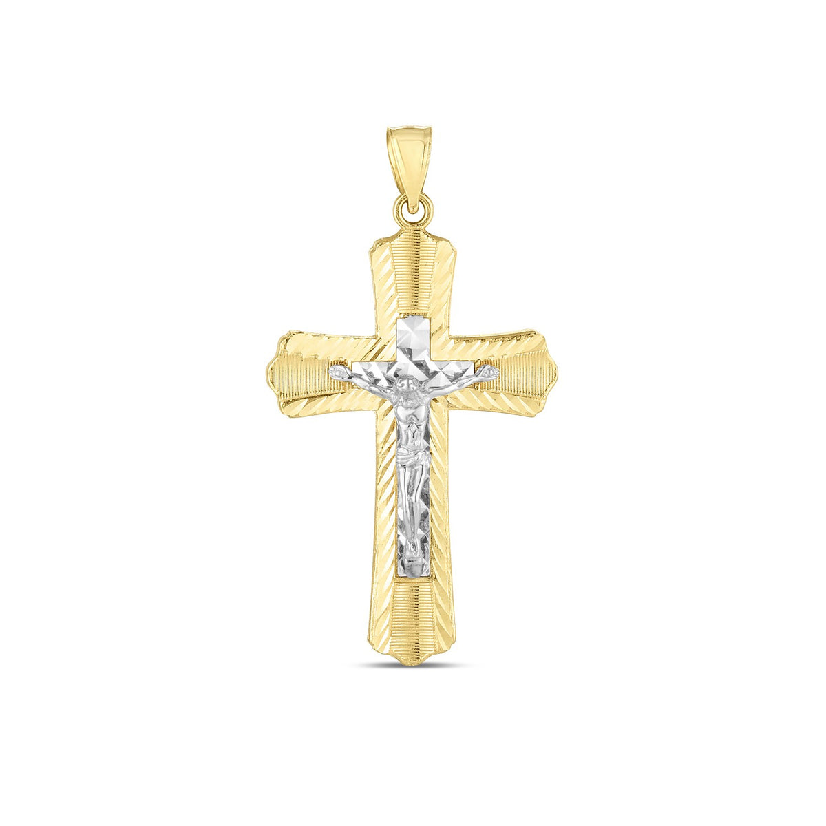 14k Two Tone Gold High Polish Diamond Cut Groove Cross Pendant