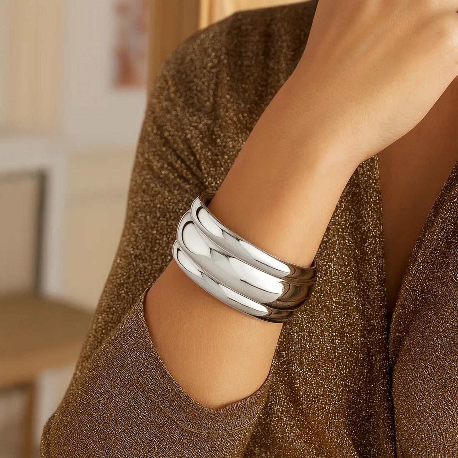 Sterling Silver Rhodium Plated Bold Ribbed Cuff Bangle (25.00 mm)