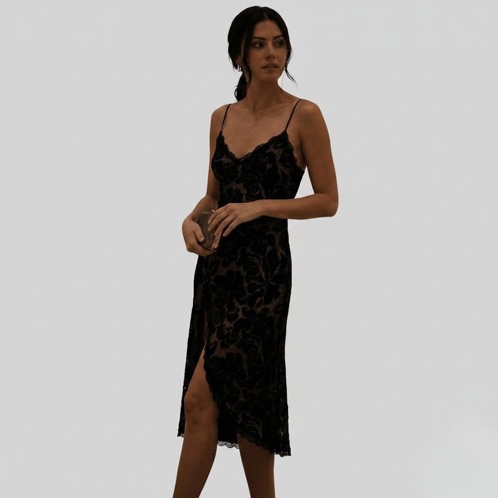 Latin Style Dress Black Floral Velvet
