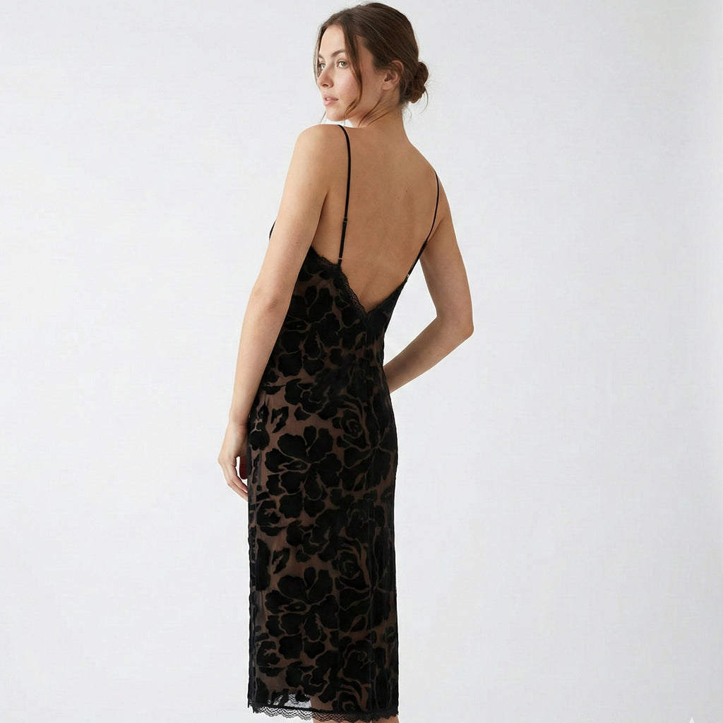 Latin Style Dress Black Floral Velvet