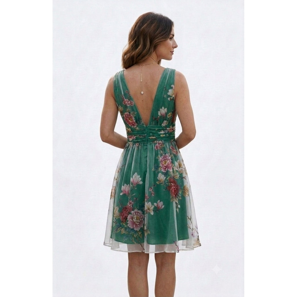 Two-Tone Oriental Print Ruched Dress