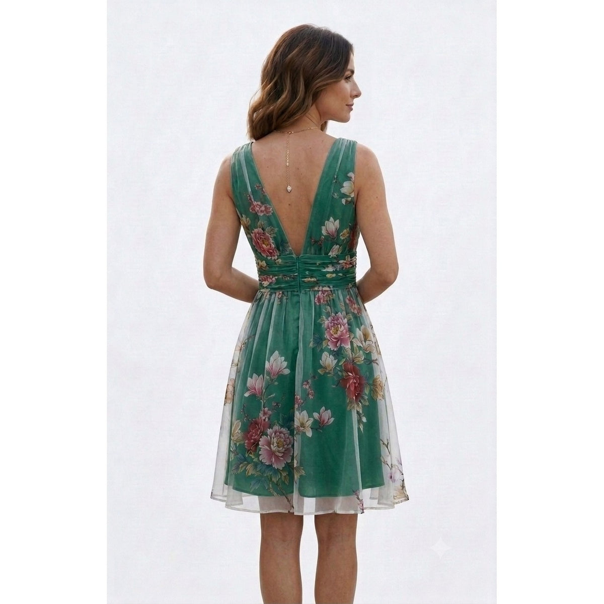 Two-Tone Oriental Print Ruched Dress
