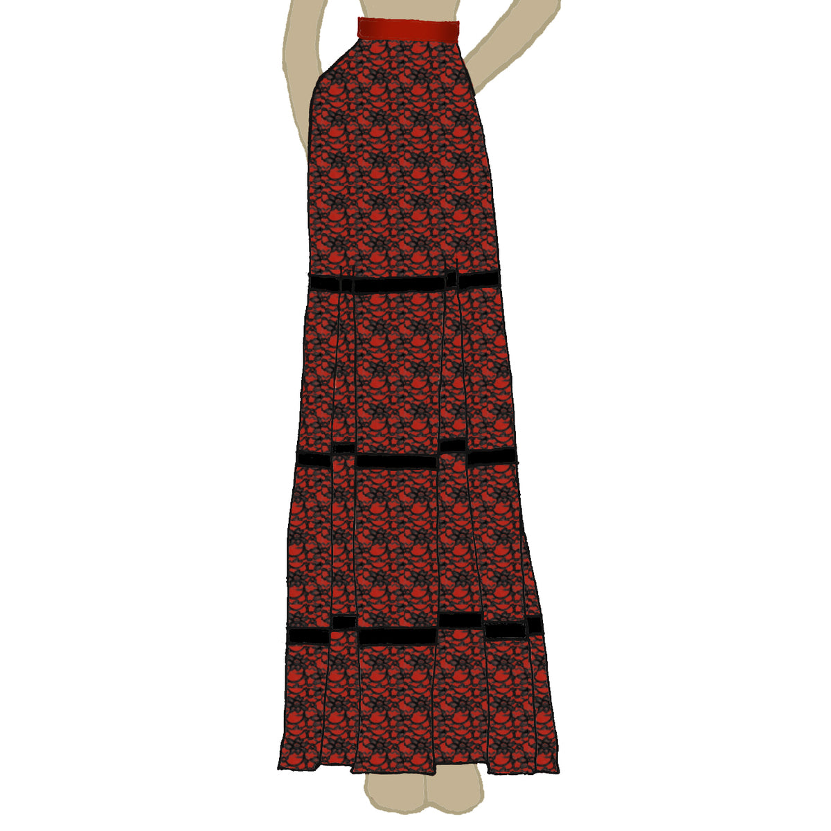 Cotton Prairie Skirt Red with Black trim